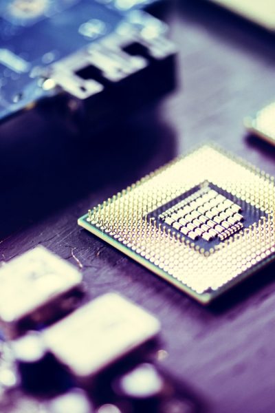 Closeup of electronics computer components microprocessors mainboard